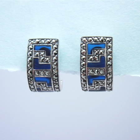 Blue Enamel Greek Key Earrings with Marcasite - Click Image to Close